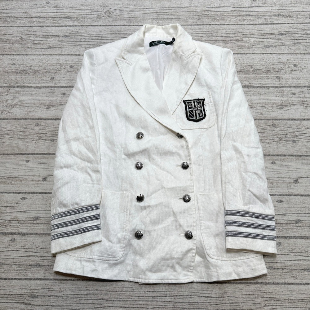 Lauren Ralph Lauren Blazer Women's 12 White Linen Double Breasted Equestrian
